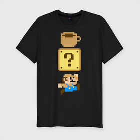 Мужская футболка премиум с принтом Любитель кофе (Марио) в Тюмени, 92% хлопок, 8% лайкра | приталенный силуэт, круглый вырез ворота, длина до линии бедра, короткий рукав | 16 bit | 16 бит | 8 bit | 8 бит | coffe | dendy | love | mario | nes | nintendo | pixel | pixels | retro | денди | кофе | любовь | марио | нинтендо