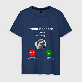 Мужская футболка хлопок с принтом Escobar в Тюмени, 100% хлопок | прямой крой, круглый вырез горловины, длина до линии бедер, слегка спущенное плечо. | Тематика изображения на принте: escobar | loving pablo | прикол | эскобар | юмор