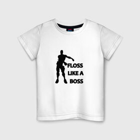 Детская футболка хлопок с принтом Floss like a boss в Тюмени, 100% хлопок | круглый вырез горловины, полуприлегающий силуэт, длина до линии бедер | Тематика изображения на принте: dance | floss like a boss | fortnite | swag | thebackpackkid | танец