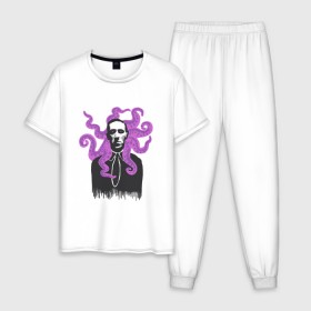 Мужская пижама хлопок с принтом Лавкрафт в Тюмени, 100% хлопок | брюки и футболка прямого кроя, без карманов, на брюках мягкая резинка на поясе и по низу штанин
 | cthulhu | cthulhu fhtagn | lovecraft | ктулху | лавкрафт