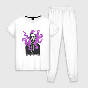 Женская пижама хлопок с принтом Лавкрафт в Тюмени, 100% хлопок | брюки и футболка прямого кроя, без карманов, на брюках мягкая резинка на поясе и по низу штанин | cthulhu | cthulhu fhtagn | lovecraft | ктулху | лавкрафт