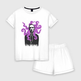 Женская пижама с шортиками хлопок с принтом Лавкрафт в Тюмени, 100% хлопок | футболка прямого кроя, шорты свободные с широкой мягкой резинкой | cthulhu | cthulhu fhtagn | lovecraft | ктулху | лавкрафт