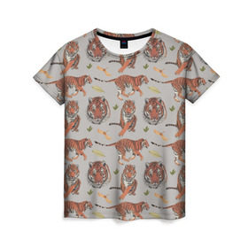Женская футболка 3D с принтом Тигры в Тюмени, 100% полиэфир ( синтетическое хлопкоподобное полотно) | прямой крой, круглый вырез горловины, длина до линии бедер | кошка | паттерн | тигр