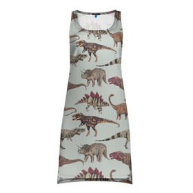 Платье-майка 3D с принтом Динозавры в Тюмени, 100% полиэстер | полуприлегающий силуэт, широкие бретели, круглый вырез горловины, удлиненный подол сзади. | динозавр | динозавры | паттерн | стегозавр | тиранозавр