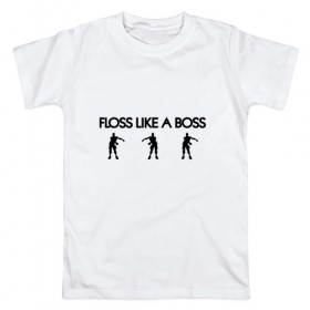 Мужская футболка хлопок с принтом Floss like a boss в Тюмени, 100% хлопок | прямой крой, круглый вырез горловины, длина до линии бедер, слегка спущенное плечо. | dance | floss like a boss | fortnite | swag | танец