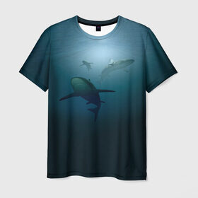 Мужская футболка 3D с принтом Акулы в Тюмени, 100% полиэфир | прямой крой, круглый вырез горловины, длина до линии бедер | море | океан | подводный мир | рыба | хищник