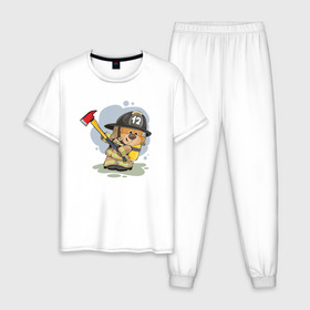 Мужская пижама хлопок с принтом Пожарник в Тюмени, 100% хлопок | брюки и футболка прямого кроя, без карманов, на брюках мягкая резинка на поясе и по низу штанин
 | 