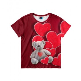 Детская футболка 3D с принтом Мишка с сердечками в Тюмени, 100% гипоаллергенный полиэфир | прямой крой, круглый вырез горловины, длина до линии бедер, чуть спущенное плечо, ткань немного тянется | девушкам | игрушка | любовь | медведь | мишка | плюшевый | сердечко | сердце