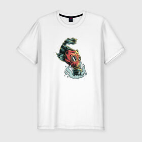 Мужская футболка премиум с принтом Pollution в Тюмени, 92% хлопок, 8% лайкра | приталенный силуэт, круглый вырез ворота, длина до линии бедра, короткий рукав | pollution | арт | газ | дым | загрязнение | противогаз | рыба | экология
