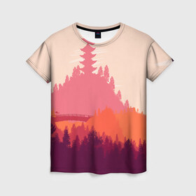 Женская футболка 3D с принтом Firewatch в Тюмени, 100% полиэфир ( синтетическое хлопкоподобное полотно) | прямой крой, круглый вырез горловины, длина до линии бедер | campo santo | firewatch | арт | вечер | вид | горы | закат | игра | лес | озеро | олень | пейзаж | пожарный дозор | солнце | холмы
