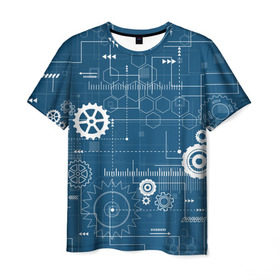 Мужская футболка 3D с принтом Механика в Тюмени, 100% полиэфир | прямой крой, круглый вырез горловины, длина до линии бедер | Тематика изображения на принте: детали | механизм | механик | схема | чертеж | шестеренки