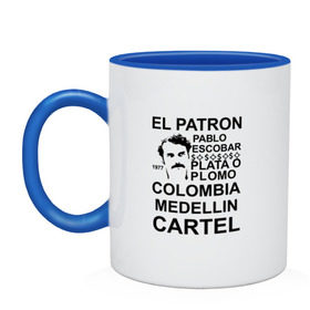 Кружка двухцветная с принтом Pablo Escobar в Тюмени, керамика | объем — 330 мл, диаметр — 80 мм. Цветная ручка и кайма сверху, в некоторых цветах — вся внутренняя часть | escobar | loving pablo | эскобар