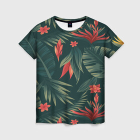 Женская футболка 3D с принтом Тропики в Тюмени, 100% полиэфир ( синтетическое хлопкоподобное полотно) | прямой крой, круглый вырез горловины, длина до линии бедер | вектор | джунгли | дизайн | зеленый | красиво | красный | лес | лето | папоротник | тропики | тропические листья