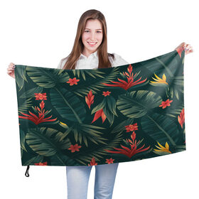 Флаг 3D с принтом Тропики в Тюмени, 100% полиэстер | плотность ткани — 95 г/м2, размер — 67 х 109 см. Принт наносится с одной стороны | вектор | джунгли | дизайн | зеленый | красиво | красный | лес | лето | папоротник | тропики | тропические листья
