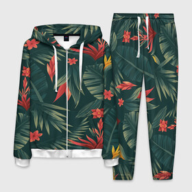 Мужской костюм 3D с принтом Тропики в Тюмени, 100% полиэстер | Манжеты и пояс оформлены тканевой резинкой, двухслойный капюшон со шнурком для регулировки, карманы спереди | вектор | джунгли | дизайн | зеленый | красиво | красный | лес | лето | папоротник | тропики | тропические листья