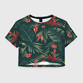 Женская футболка 3D укороченная с принтом Тропики в Тюмени, 100% полиэстер | круглая горловина, длина футболки до линии талии, рукава с отворотами | вектор | джунгли | дизайн | зеленый | красиво | красный | лес | лето | папоротник | тропики | тропические листья
