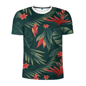 Мужская футболка 3D спортивная с принтом Тропики в Тюмени, 100% полиэстер с улучшенными характеристиками | приталенный силуэт, круглая горловина, широкие плечи, сужается к линии бедра | вектор | джунгли | дизайн | зеленый | красиво | красный | лес | лето | папоротник | тропики | тропические листья