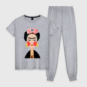 Женская пижама хлопок с принтом Фрида Кало в Тюмени, 100% хлопок | брюки и футболка прямого кроя, без карманов, на брюках мягкая резинка на поясе и по низу штанин | frida kahlo de rivera | фрида кало