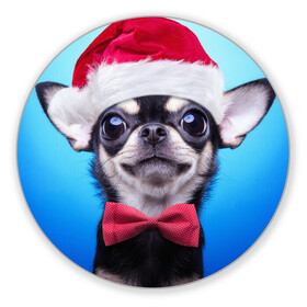 Коврик для мышки круглый с принтом рождество в Тюмени, резина и полиэстер | круглая форма, изображение наносится на всю лицевую часть | Тематика изображения на принте: dog | happy new year | бантик | взгляд | глаза | новый год | пинчер | праздник | санта клаус | собака | той терьер