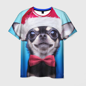 Мужская футболка 3D с принтом рождество в Тюмени, 100% полиэфир | прямой крой, круглый вырез горловины, длина до линии бедер | dog | happy new year | бантик | взгляд | глаза | новый год | пинчер | праздник | санта клаус | собака | той терьер