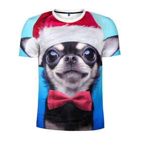 Мужская футболка 3D спортивная с принтом рождество в Тюмени, 100% полиэстер с улучшенными характеристиками | приталенный силуэт, круглая горловина, широкие плечи, сужается к линии бедра | Тематика изображения на принте: dog | happy new year | бантик | взгляд | глаза | новый год | пинчер | праздник | санта клаус | собака | той терьер