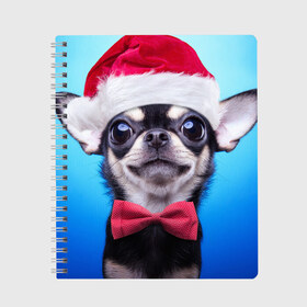 Тетрадь с принтом рождество в Тюмени, 100% бумага | 48 листов, плотность листов — 60 г/м2, плотность картонной обложки — 250 г/м2. Листы скреплены сбоку удобной пружинной спиралью. Уголки страниц и обложки скругленные. Цвет линий — светло-серый
 | Тематика изображения на принте: dog | happy new year | бантик | взгляд | глаза | новый год | пинчер | праздник | санта клаус | собака | той терьер