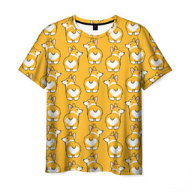Мужская футболка 3D с принтом Корги Паттерн в Тюмени, 100% полиэфир | прямой крой, круглый вырез горловины, длина до линии бедер | друг человека | мимими | оранжевый | пес | попка | собака