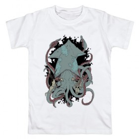 Мужская футболка хлопок с принтом Kraken в Тюмени, 100% хлопок | прямой крой, круглый вырез горловины, длина до линии бедер, слегка спущенное плечо. | kraken | octopus | кальмар | кракен | осьминог