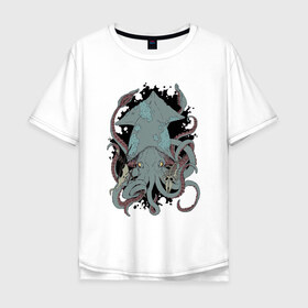 Мужская футболка хлопок Oversize с принтом Kraken в Тюмени, 100% хлопок | свободный крой, круглый ворот, “спинка” длиннее передней части | kraken | octopus | кальмар | кракен | осьминог