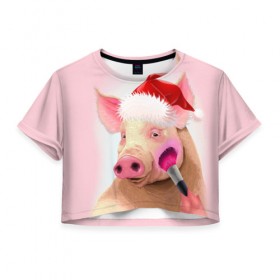 Женская футболка 3D укороченная с принтом Новогодняя свинья в Тюмени, 100% полиэстер | круглая горловина, длина футболки до линии талии, рукава с отворотами | 