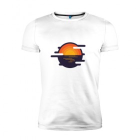 Мужская футболка премиум с принтом Морской закат в Тюмени, 92% хлопок, 8% лайкра | приталенный силуэт, круглый вырез ворота, длина до линии бедра, короткий рукав | Тематика изображения на принте: волны | восход | геометрия | закат | минимализм | море | отражение | солнце
