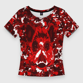 Женская футболка 3D Slim с принтом Краснобелый камуфляж с кабаном в Тюмени,  |  | кабан | милитари | москва | мясо | свин | свинья