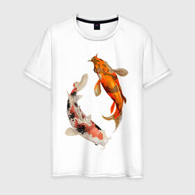 Мужская футболка хлопок с принтом Инь-Ян в Тюмени, 100% хлопок | прямой крой, круглый вырез горловины, длина до линии бедер, слегка спущенное плечо. | арт | вода | знаки | золото | инь ян | магия | рыбы | символы | сом