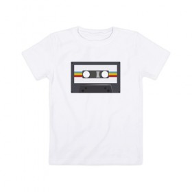 Детская футболка хлопок с принтом Компакт-кассета в Тюмени, 100% хлопок | круглый вырез горловины, полуприлегающий силуэт, длина до линии бедер | Тематика изображения на принте: 90 е | арт | аудиокассета | дизайн | компакт кассета | магнитола | музыка | ретро
