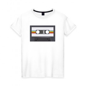Женская футболка хлопок с принтом Компакт-кассета в Тюмени, 100% хлопок | прямой крой, круглый вырез горловины, длина до линии бедер, слегка спущенное плечо | 90 е | арт | аудиокассета | дизайн | компакт кассета | магнитола | музыка | ретро