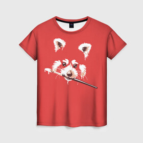 Женская футболка 3D с принтом Красная панда в Тюмени, 100% полиэфир ( синтетическое хлопкоподобное полотно) | прямой крой, круглый вырез горловины, длина до линии бедер | енот | кисть | лиса | малая панда | художник