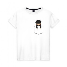 Женская футболка хлопок с принтом Моб в кармане в Тюмени, 100% хлопок | прямой крой, круглый вырез горловины, длина до линии бедер, слегка спущенное плечо | Тематика изображения на принте: anime | mob psycho 100 | shigeo kageyama | аниме | моб психо 100