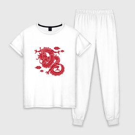 Женская пижама хлопок с принтом Красный дракон в Тюмени, 100% хлопок | брюки и футболка прямого кроя, без карманов, на брюках мягкая резинка на поясе и по низу штанин | дракон | красный | подарок