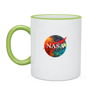 Кружка двухцветная с принтом Nasa Space в Тюмени, керамика | объем — 330 мл, диаметр — 80 мм. Цветная ручка и кайма сверху, в некоторых цветах — вся внутренняя часть | америка | астронавт | звезды | космонавт | космос | логотип | наса | сша