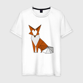 Мужская футболка хлопок с принтом Полигональная лиса в Тюмени, 100% хлопок | прямой крой, круглый вырез горловины, длина до линии бедер, слегка спущенное плечо. | low poly | геометрия | животное | лис | лиса | минимализм | низко полигональный | полигоны | треугольники