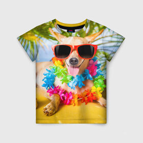 Детская футболка 3D с принтом пляж в Тюмени, 100% гипоаллергенный полиэфир | прямой крой, круглый вырез горловины, длина до линии бедер, чуть спущенное плечо, ткань немного тянется | Тематика изображения на принте: sea | гавайи | лето | море | океан | отдых | очки | пляж | собака | той терьер