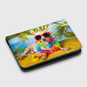 Картхолдер с принтом с принтом пляж в Тюмени, натуральная матовая кожа | размер 7,3 х 10 см; кардхолдер имеет 4 кармана для карт; | Тематика изображения на принте: sea | гавайи | лето | море | океан | отдых | очки | пляж | собака | той терьер