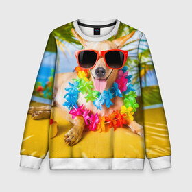 Детский свитшот 3D с принтом пляж в Тюмени, 100% полиэстер | свободная посадка, прямой крой, мягкая тканевая резинка на рукавах и понизу свитшота | Тематика изображения на принте: sea | гавайи | лето | море | океан | отдых | очки | пляж | собака | той терьер