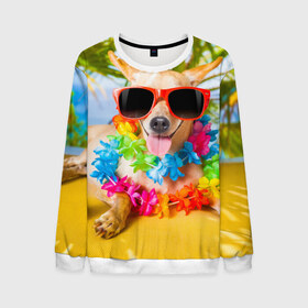 Мужской свитшот 3D с принтом пляж в Тюмени, 100% полиэстер с мягким внутренним слоем | круглый вырез горловины, мягкая резинка на манжетах и поясе, свободная посадка по фигуре | sea | гавайи | лето | море | океан | отдых | очки | пляж | собака | той терьер