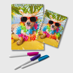 Блокнот с принтом пляж в Тюмени, 100% бумага | 48 листов, плотность листов — 60 г/м2, плотность картонной обложки — 250 г/м2. Листы скреплены удобной пружинной спиралью. Цвет линий — светло-серый
 | Тематика изображения на принте: sea | гавайи | лето | море | океан | отдых | очки | пляж | собака | той терьер