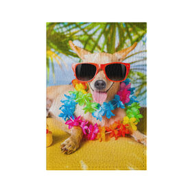 Обложка для паспорта матовая кожа с принтом пляж в Тюмени, натуральная матовая кожа | размер 19,3 х 13,7 см; прозрачные пластиковые крепления | Тематика изображения на принте: sea | гавайи | лето | море | океан | отдых | очки | пляж | собака | той терьер