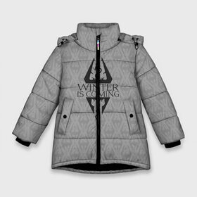 Зимняя куртка для девочек 3D с принтом THE ELDER SCROLLS в Тюмени, ткань верха — 100% полиэстер; подклад — 100% полиэстер, утеплитель — 100% полиэстер. | длина ниже бедра, удлиненная спинка, воротник стойка и отстегивающийся капюшон. Есть боковые карманы с листочкой на кнопках, утяжки по низу изделия и внутренний карман на молнии. 

Предусмотрены светоотражающий принт на спинке, радужный светоотражающий элемент на пуллере молнии и на резинке для утяжки. | Тематика изображения на принте: dovahkiin | dragonborn | fus ro dah | royal play | rpg | skyrim | tes | tes online | the elder scrolls | война | докавин | компьютерные игры | рпг
