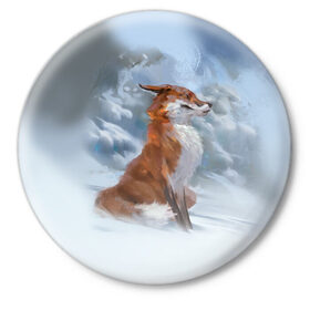 Значок с принтом Гордый лис в Тюмени,  металл | круглая форма, металлическая застежка в виде булавки | белый | зима | лес | лис | лиса | мех | оранжевый | охотник | природа | снег | хитрый
