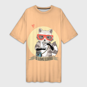 Платье-футболка 3D с принтом Енот и кофе в Тюмени,  |  | coffee | food | love | racoon | енот | кофе