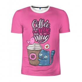 Мужская футболка 3D спортивная с принтом Coffee is a hug в Тюмени, 100% полиэстер с улучшенными характеристиками | приталенный силуэт, круглая горловина, широкие плечи, сужается к линии бедра | Тематика изображения на принте: cat | coffee | food | love | кот | птичка